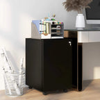 Black vertical file cabinet with three drawers, top tray, and five rolling wheels