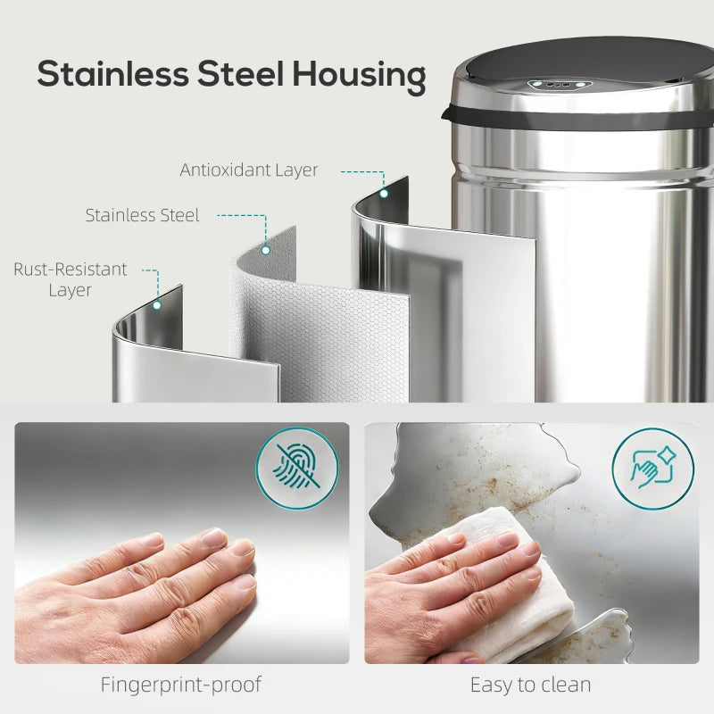 Silver stainless steel sensor bin with layered housing design and protection icons