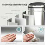 Silver stainless steel sensor bin with layered housing design and protection icons