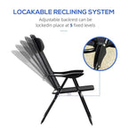 Black folding recliner patio chair with adjustable backrest at multiple locked recline levels
