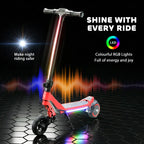 Red electric kids scooter with RGB underglow and bright LED headlight