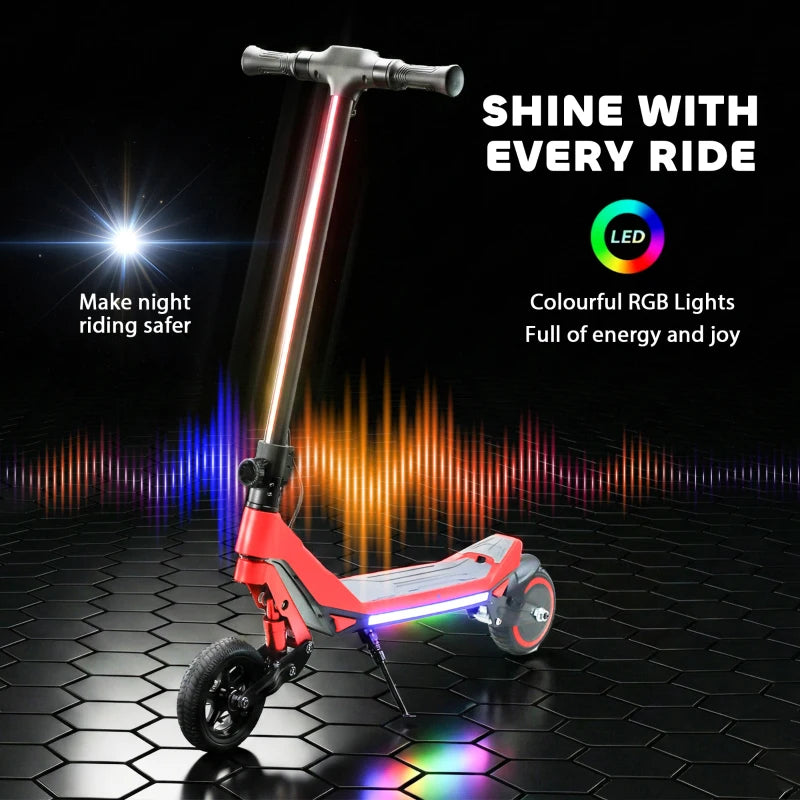 Red electric kids scooter with RGB underglow and bright LED headlight