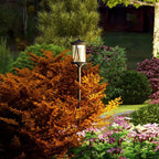 Black solar lamp post light with glowing lantern, surrounded by garden plants