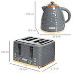 Grey kettle and four-slice toaster set with product dimensions shown