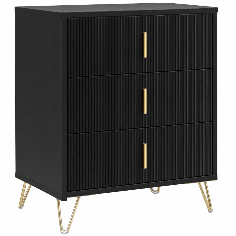 Black 3-drawer dresser with fluted fronts, gold bar handles, and slim metal legs.