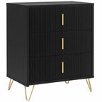 Black 3-drawer dresser with fluted fronts, gold bar handles, and slim metal legs.
