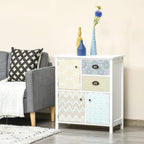 White sideboard with open cabinet compartments and multi-color drawers, bronze handles
