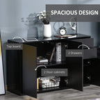 Black side cabinet with open doors showing storage shelves and drawer compartments
