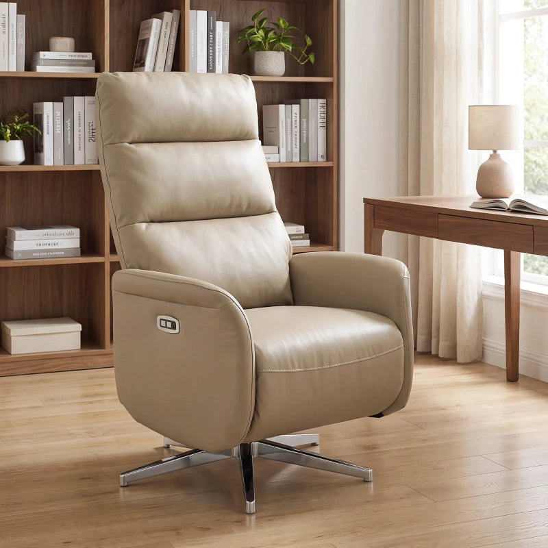 Brown swivel recliner chair with cushioned armrests and side control panel