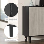 Sideboard cabinet standing on pine wood legs with black base and light-wood doors