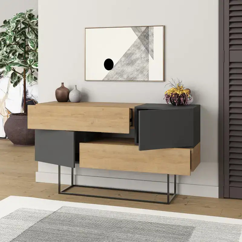 Console sideboard with light wood top, dark grey drawer fronts, and metal legs