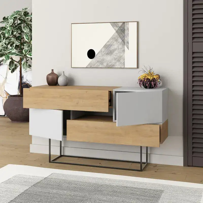 Console sideboard with light wood top, white side panels, and grey drawer cabinet