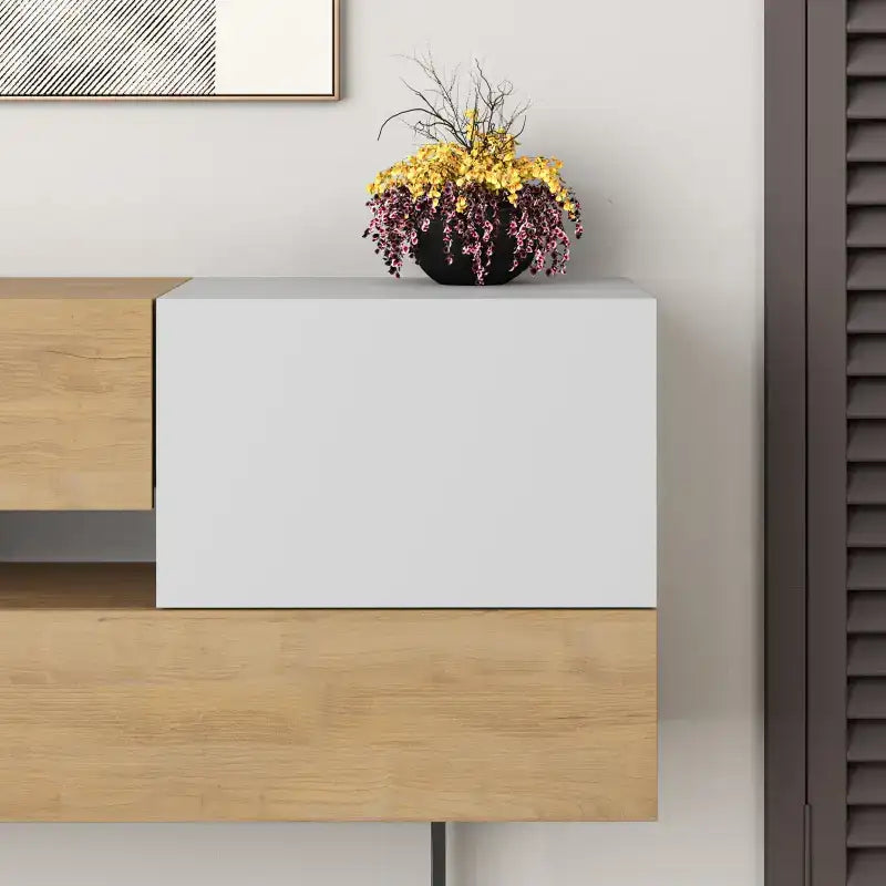 Console sideboard with white upper cabinet and light wood lower storage