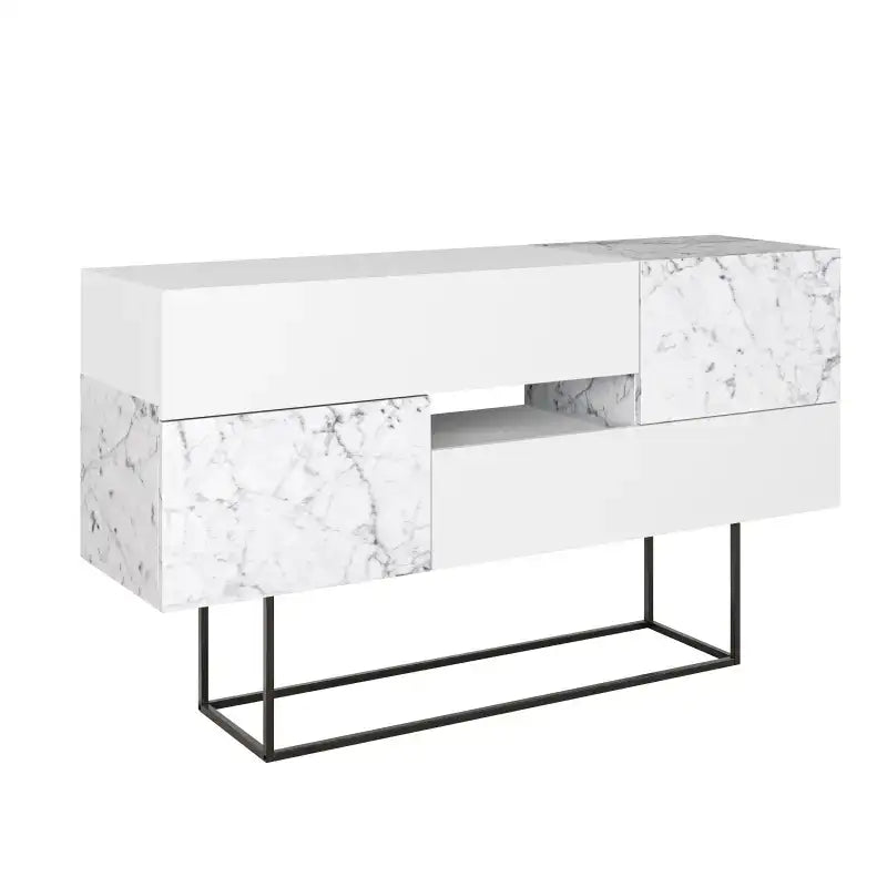 Console sideboard display unit in white with marble panels and black metal legs