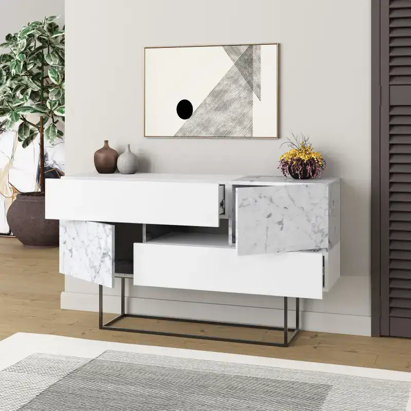 Console sideboard display unit with grey drawers, marble side panels, black metal legs