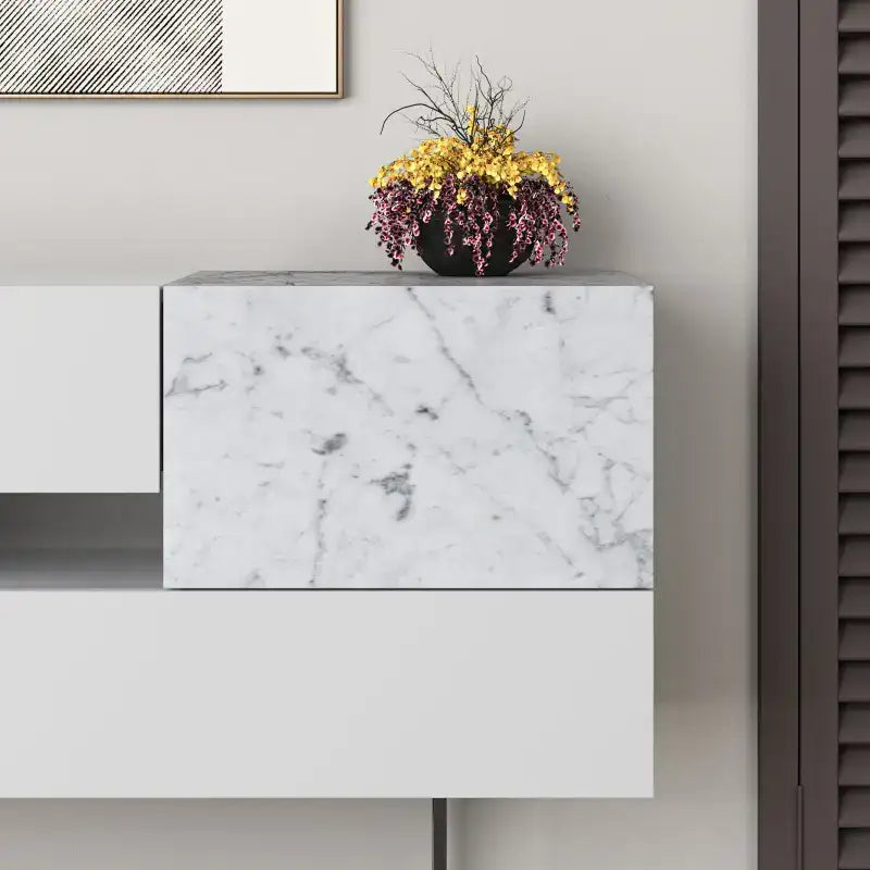 Console sideboard top view with white marble panel and grey drawer fronts
