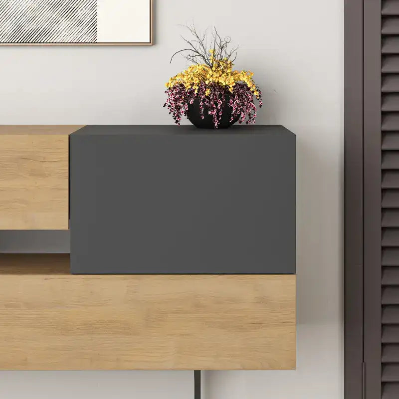 Console sideboard with dark grey upper cabinet and light wood lower drawer