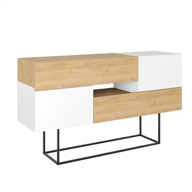 Console sideboard display unit with white body, oak drawer fronts, and black metal frame