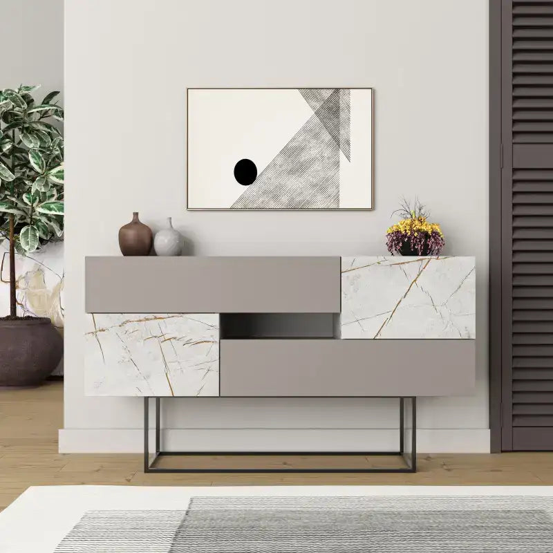 Console sideboard with white marble-look doors, dark central drawer, and metal legs