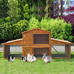 Natural wood two-tier small animal hutch with wire mesh compartments and side openings