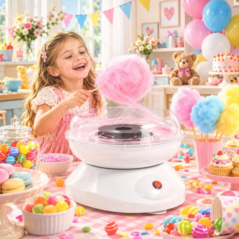 White cotton candy maker with clear bowl and pink cotton candy floss above the plate