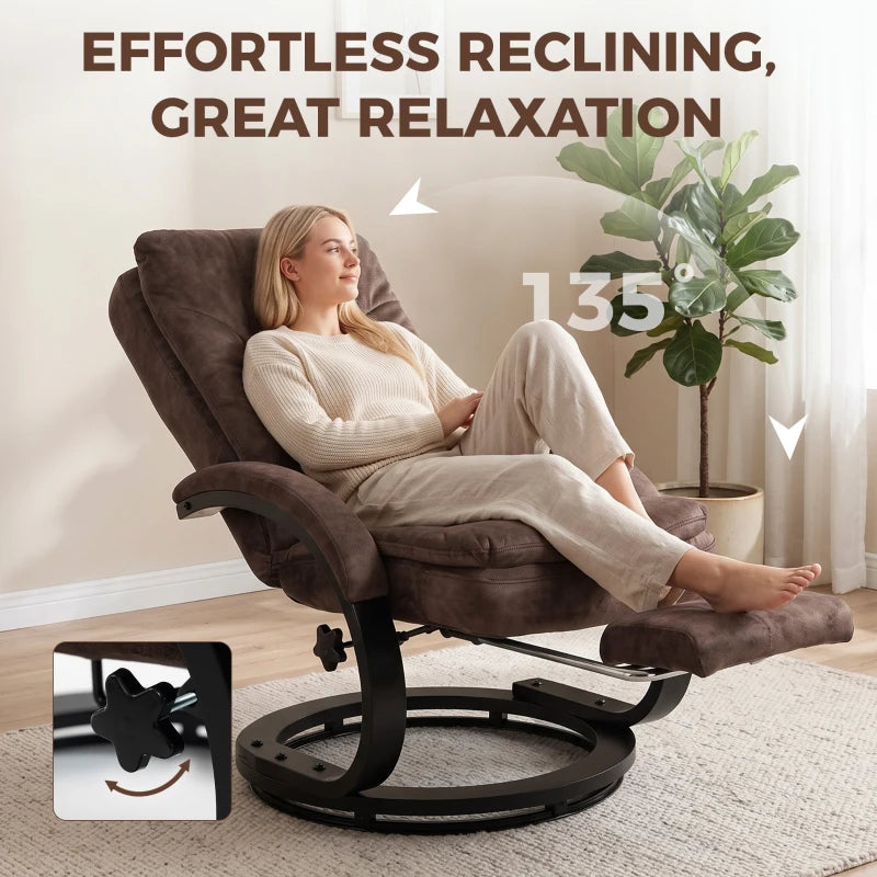 Dark brown velvet swivel recliner chair with extended footrest and tall backrest