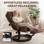 Dark brown velvet swivel recliner chair with extended footrest and tall backrest