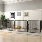 Black 8-panel heavy-duty dog pen with curved top bars, freestanding indoors or outdoors