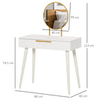 White dressing table with round mirror and gold handle, 80 x 40 cm tabletop view