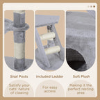 Grey cat tree details: sisal posts, included ladder, and soft plush resting area