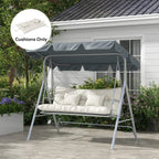 White back and seat cushions with two pillows and tie strings on a patio swing bench