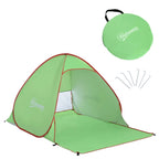 Green pop-up beach tent with red frame, front mesh window and OutSunny logo