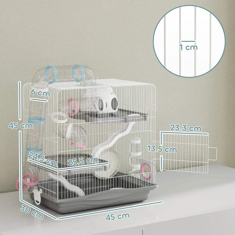 Grey 3-tier hamster cage with clear wire sides and included platforms.