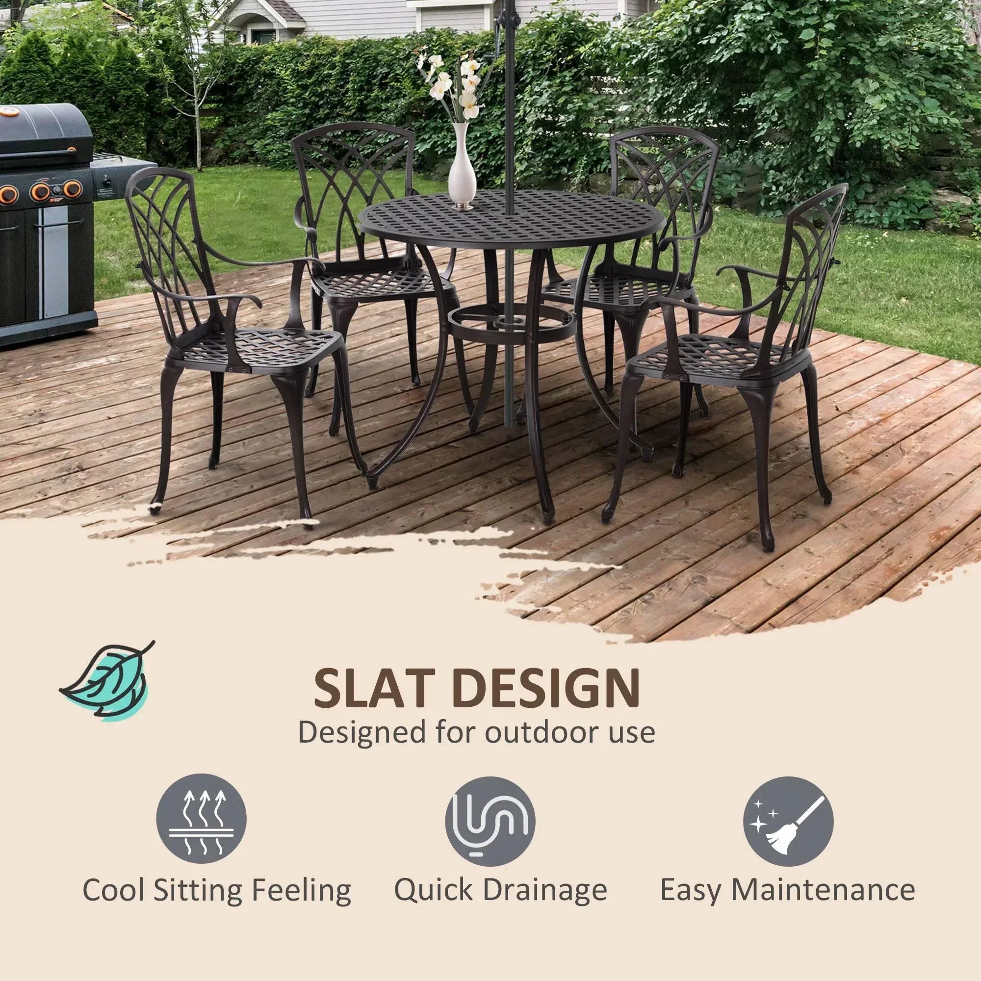 5 Pieces Garden Dining Set for 4, Cast Aluminium Outdoor Dining Set with 4 Armchairs and Round Dining Table with Parasol Hole, Garden Furniture Set, Brown - Bobobiy