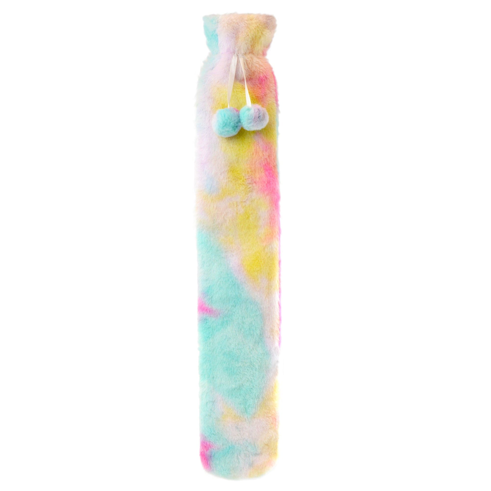 Extra Long Rainbow Tie Dye 2L Hot Water Bottle with Soft Faux Fur Cover for Warmth Natural Rubber UK Safe Tested Bottle Ideal Gift for Adults Kids