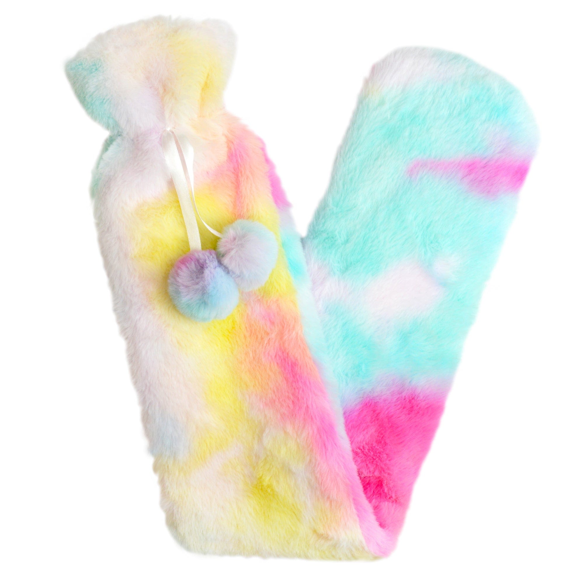 Extra Long Rainbow Tie Dye 2L Hot Water Bottle with Soft Faux Fur Cover for Warmth Natural Rubber UK Safe Tested Bottle Ideal Gift for Adults Kids