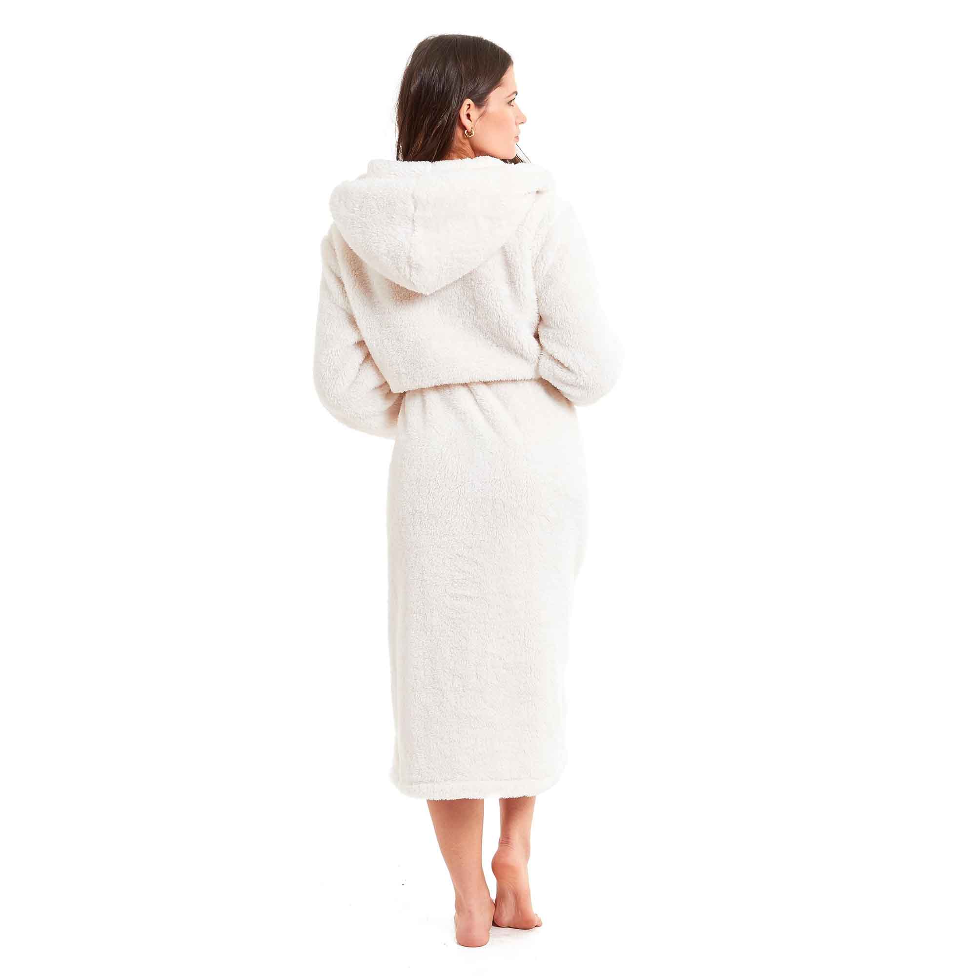 Women's Cream Snuggle Fleece Touch Hooded Robe Luxurious Soft Loungewear Cosy Durable Dressing Gown UK Sizes 8-22