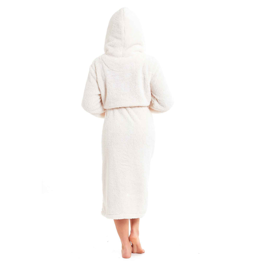 Women's Cream Snuggle Fleece Touch Hooded Robe Luxurious Soft Loungewear Cosy Durable Dressing Gown UK Sizes 8-22