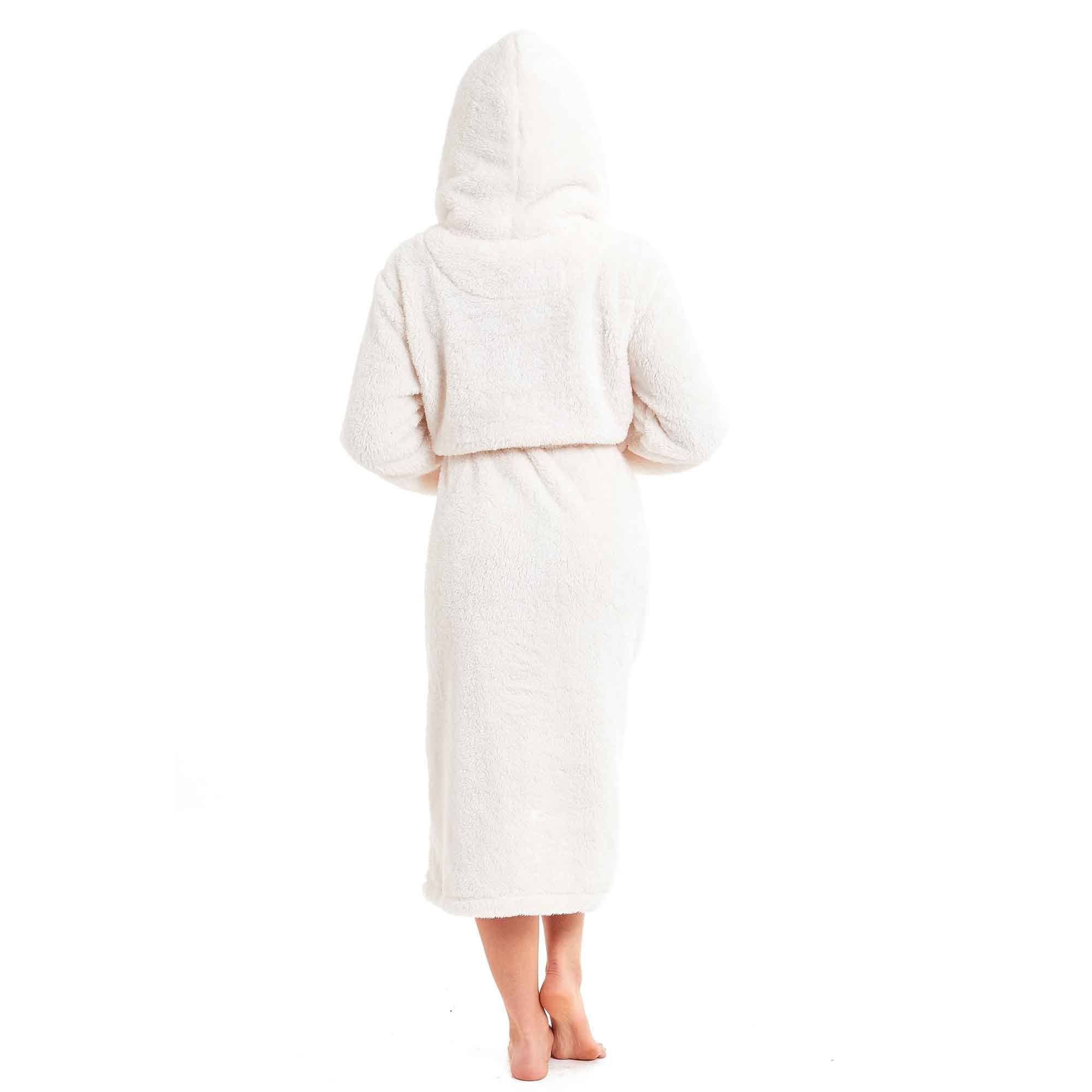 Women's Cream Snuggle Fleece Touch Hooded Robe Luxurious Soft Loungewear Cosy Durable Dressing Gown UK Sizes 8-22