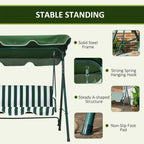 3-seat green swing chair with canopy, steel frame, hanging hooks and non-slip feet