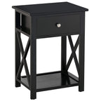 Black end table with drawer and lower shelf, X-frame sides, square top