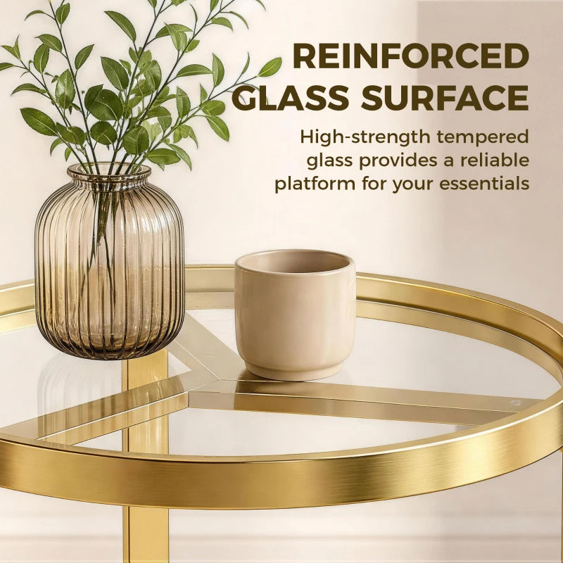 Gold round side table with circular tempered glass top and geometric metal frame