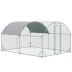 Galvanised chicken run coop with mesh panels, dark fabric cover roof, and side door