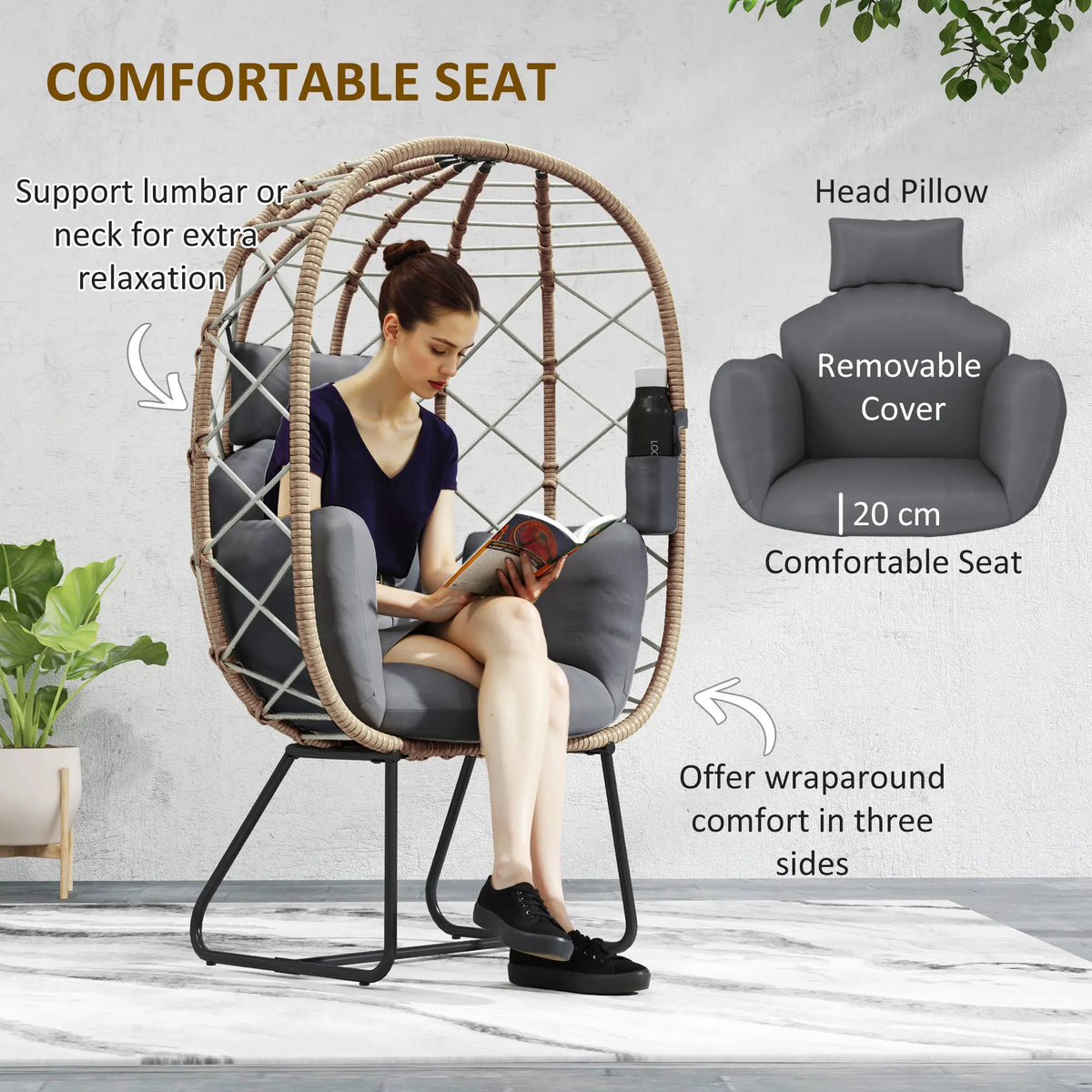 Outsunny Rattan Egg Chair Outdoor Indoor Wicker Chair with Thickened Cushion and Headrest, Standing Garden Egg Chair