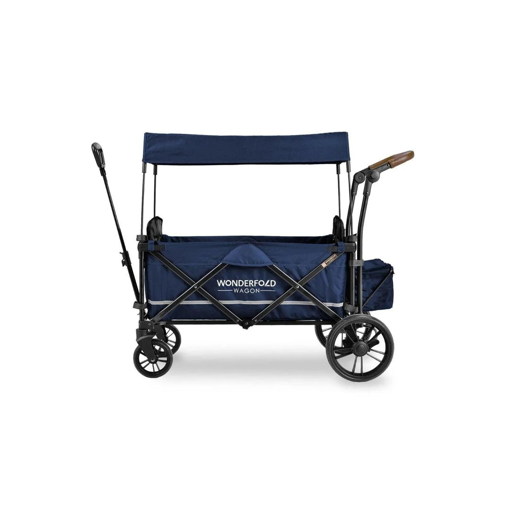 Sapphire navy quad stroller wagon rear view with canopy and wide seating