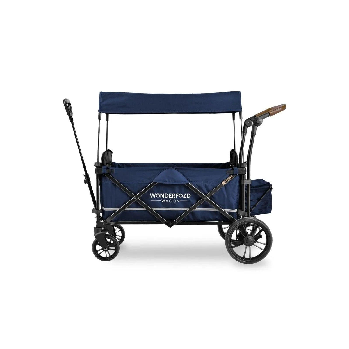 Sapphire navy quad stroller wagon rear view with canopy and wide seating