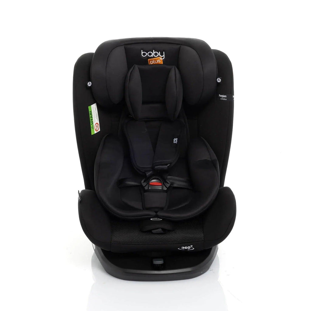 Black car seat front view with headrest, padded harness, and 360° base