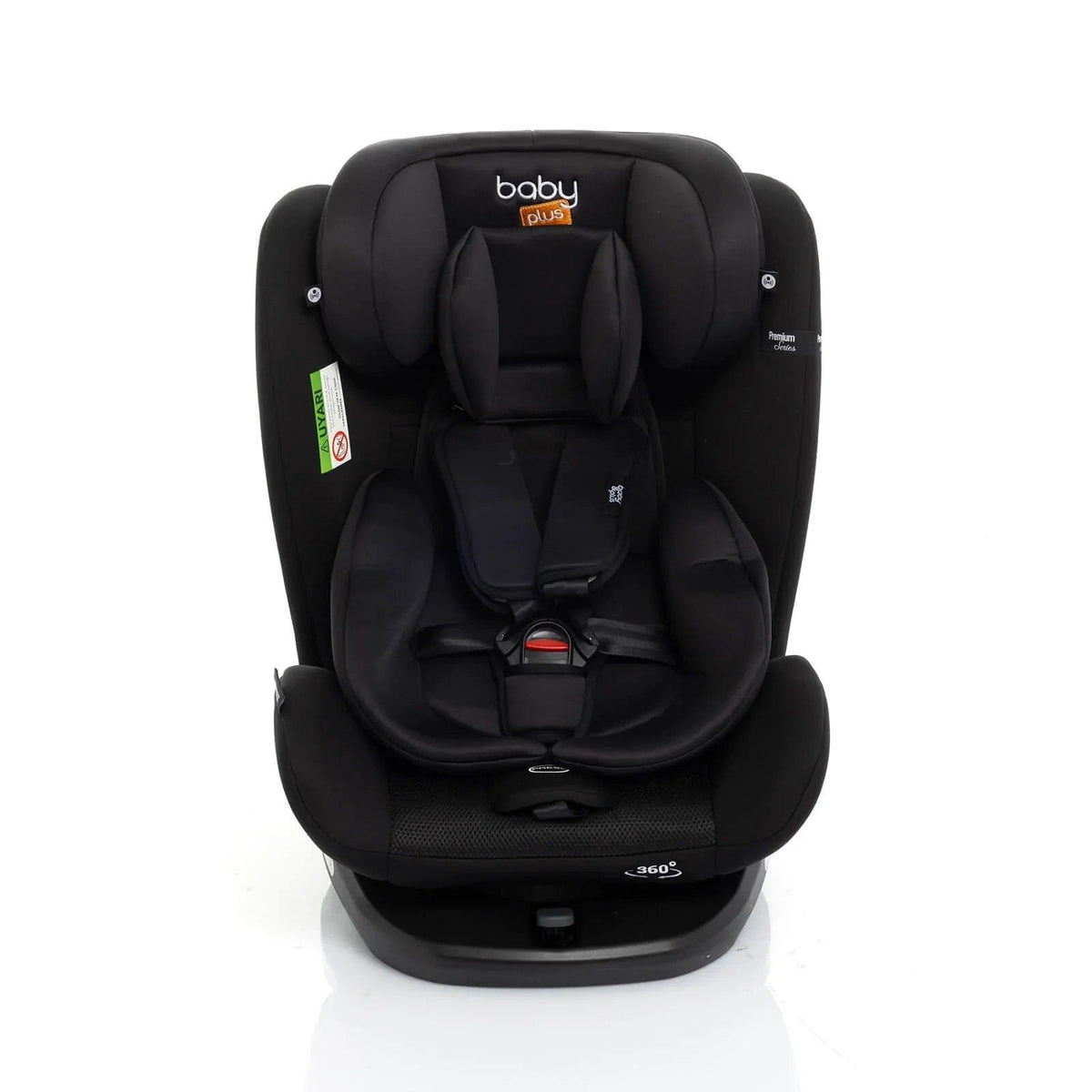 Black car seat front view with headrest, padded harness, and 360° base