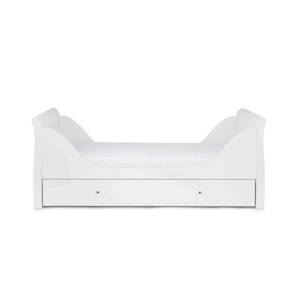 White cot bed with end panels and front drawer storage, low profile