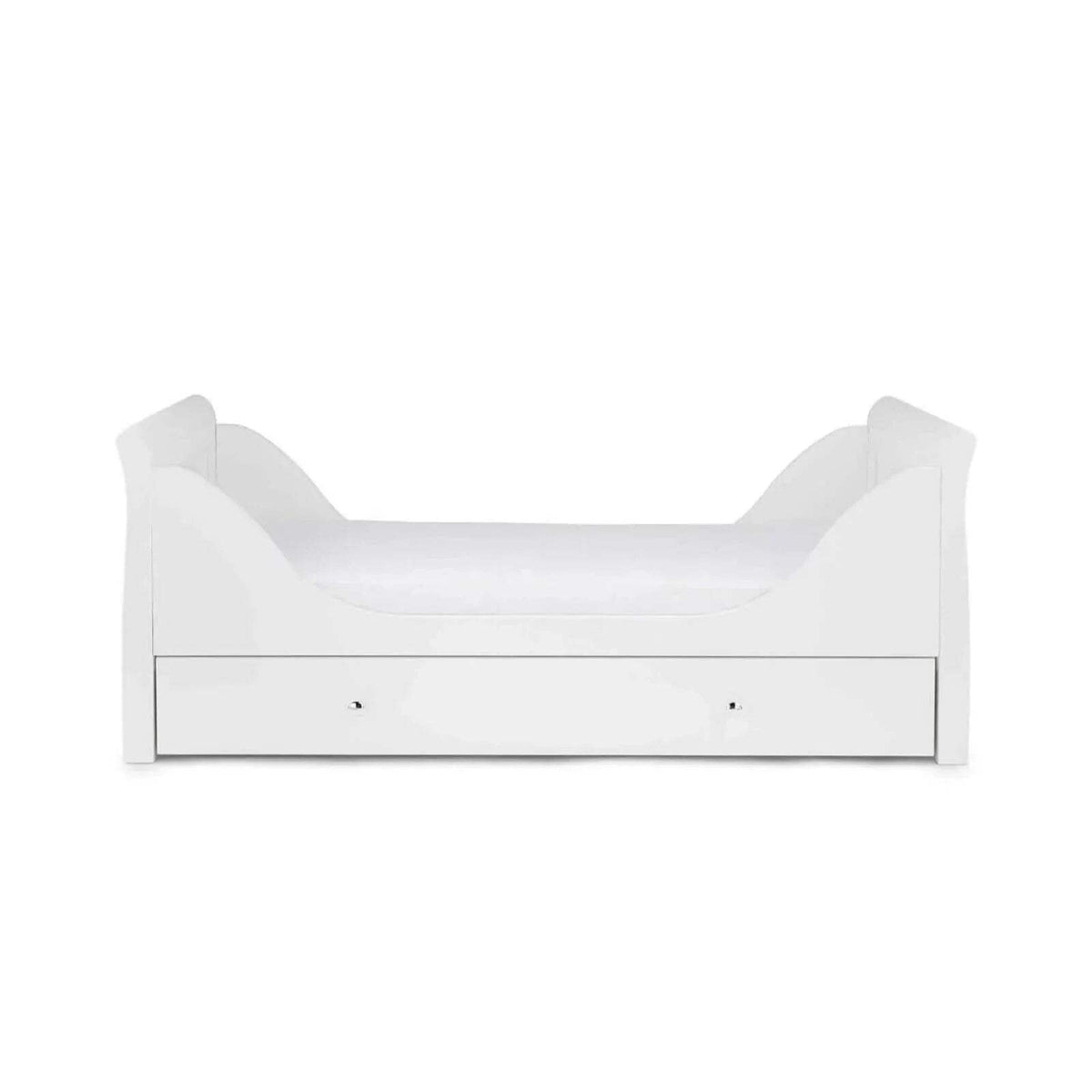 White cot bed with end panels and front drawer storage, low profile